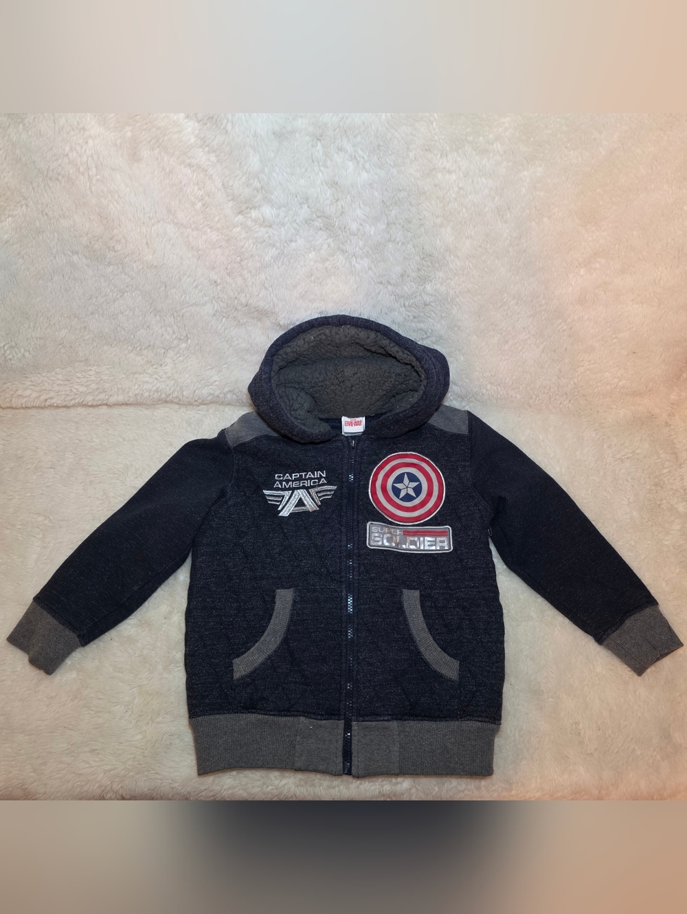 Marvel Captain America "Super Soldier" Zip-Up Hoodie Size 5/6 Sherpa-Lined Hood